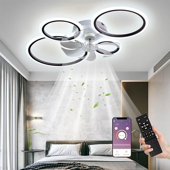 LuxiLamps - 4-Ring LED Ceiling Fan - Black - 6 Speeds - Smart Lamp - Dimmable with Remote Control & APP - Modern Circular Fan Light - Chandelier Fan