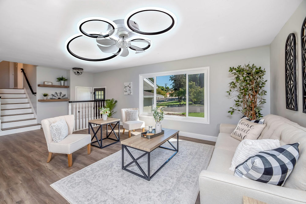 LuxiLamps - 4-Ring LED Ceiling Fan - Black - 6 Speeds - Smart Lamp - Dimmable with Remote Control & APP - Modern Circular Fan Light - Chandelier Fan
