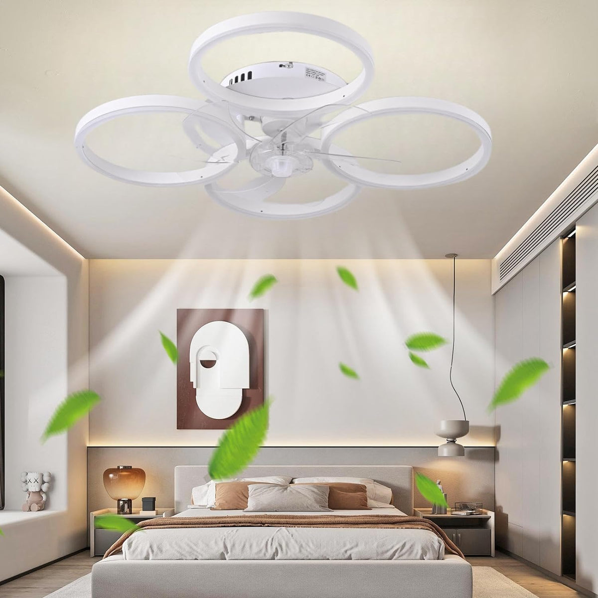 Ceiling Fan With Lighting - 4 Light Rings - 6 Speeds - White - Dimmable - With Remote Control And App