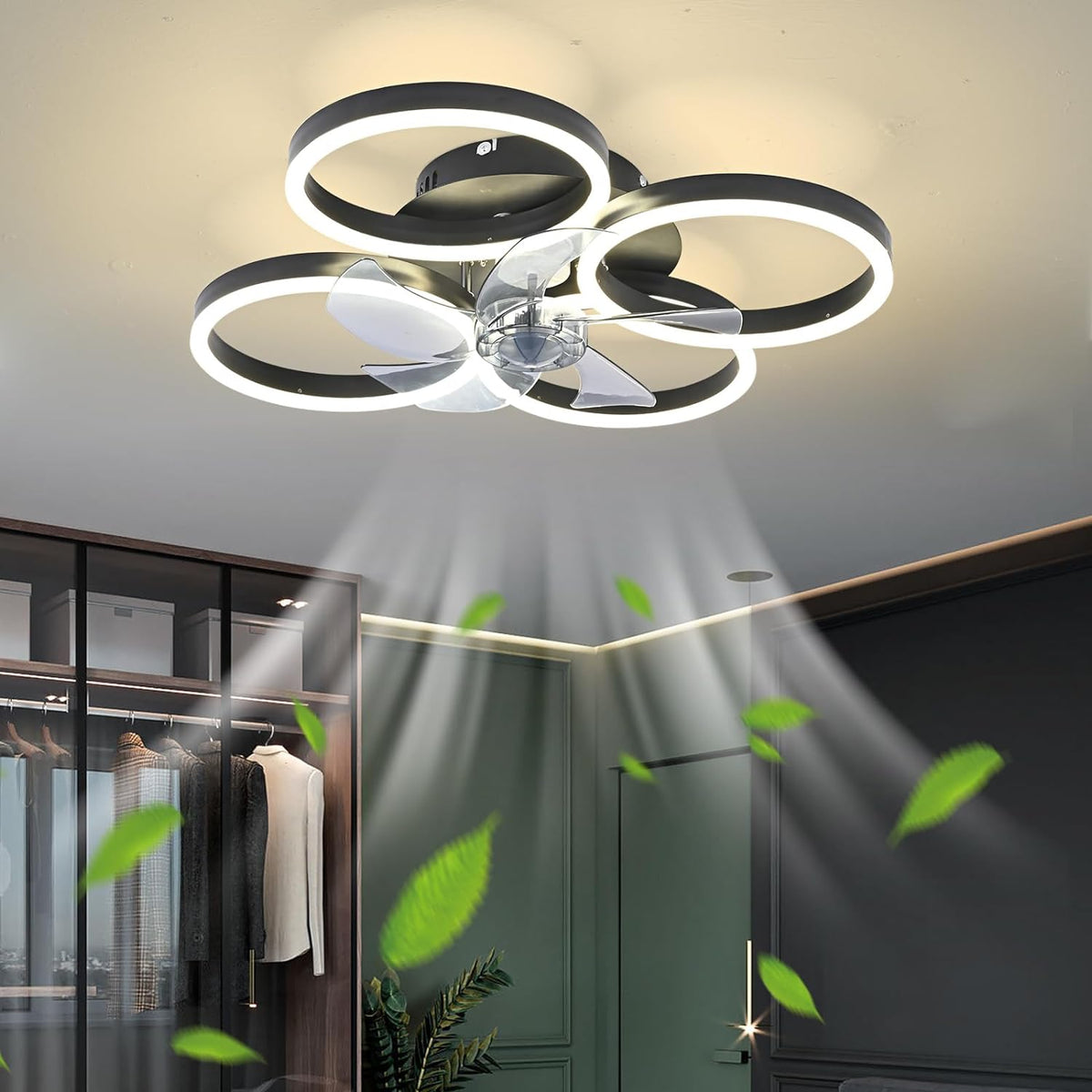 LuxiLamps - 4-Ring Fan - Black - 60 cm - Smart Lamp - Chandelier - Dimmable with Remote Control - 64W