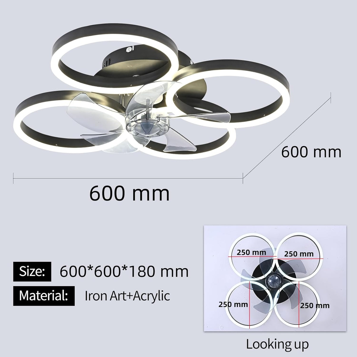 LuxiLamps - 4-Ring Fan - Black - 60 cm - Smart Lamp - Chandelier - Dimmable with Remote Control - 64W