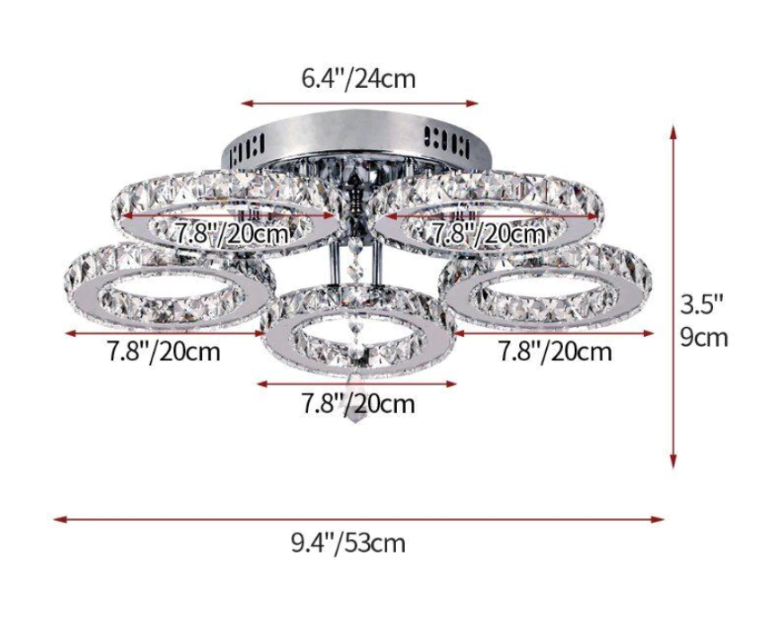 LuxiLamps - 5 Heads Ceiling Light - Dimmable With APP & Remote Control - Modern 5 Rings Chrome Chandelier - Lighting - LED Crystal Ceiling Lamp - 50W
