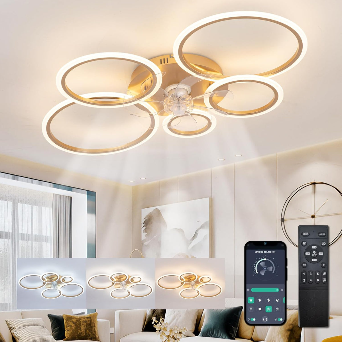 LuxiLamps - 5 Ringen Plafondventilator - Goud - 6 Snelheden - Bedienbaar Met Remote & APP - Moderne Cirkel Ventilator Licht