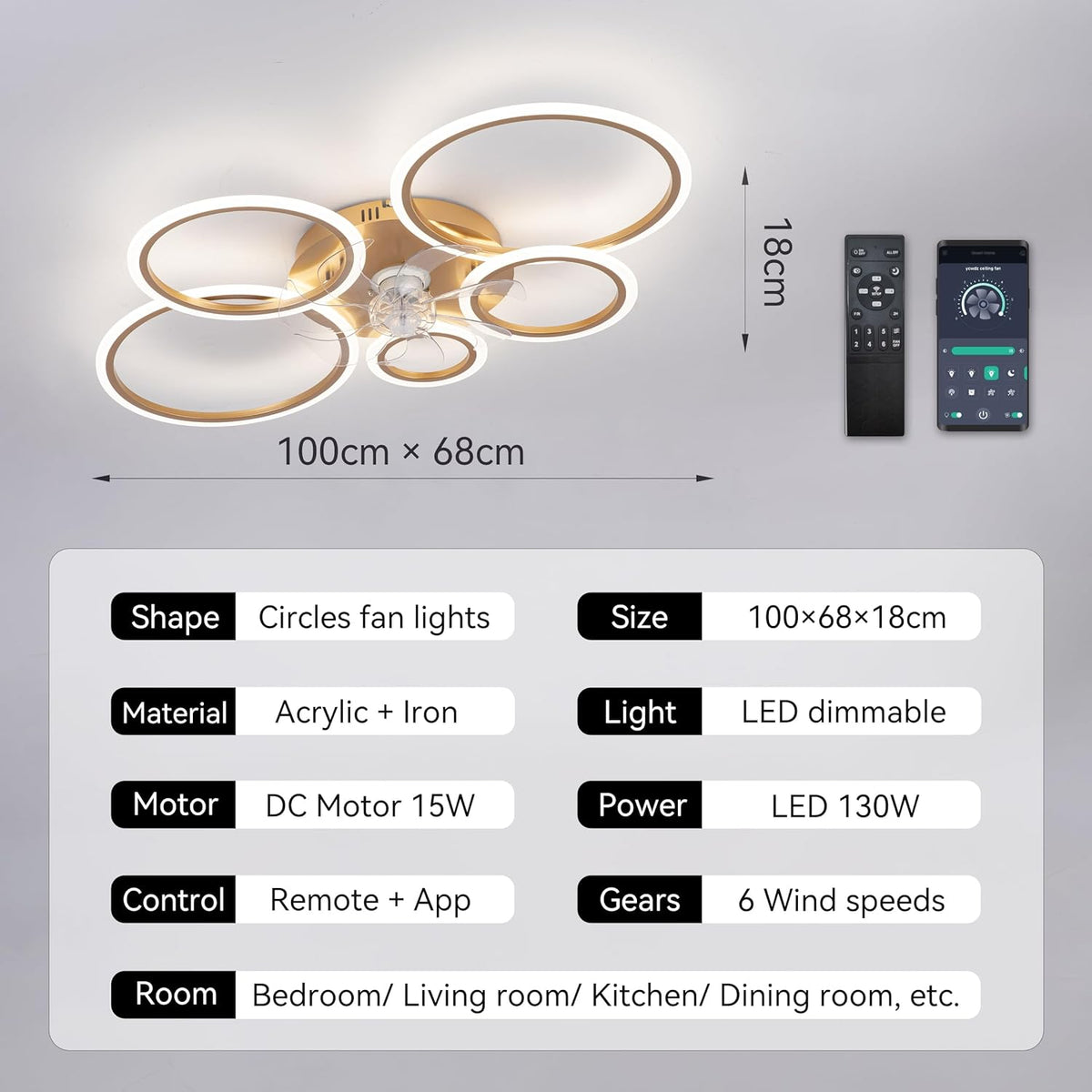 LuxiLamps - 5 Ringen Plafondventilator - Goud - 6 Snelheden - Bedienbaar Met Remote & APP - Moderne Cirkel Ventilator Licht