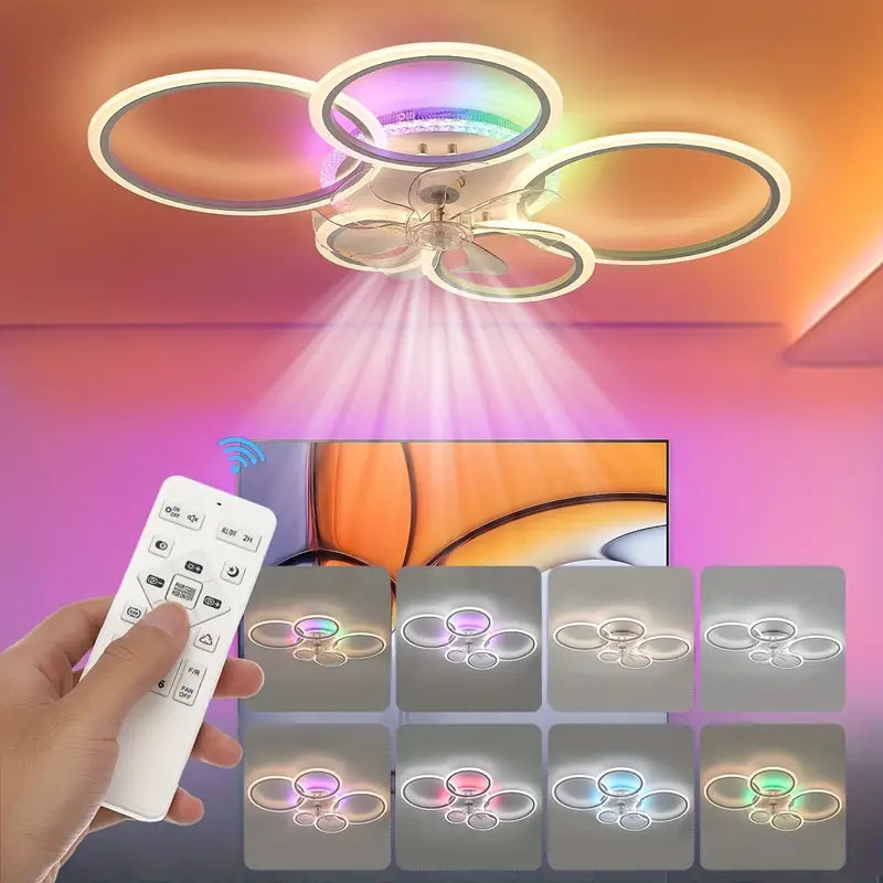 LuxiLamps - 5 Rings Ceiling Fan - RGB - 6 Speeds - Dimmable With Remote Control - 12 Colors - Modern Circle Fan Light