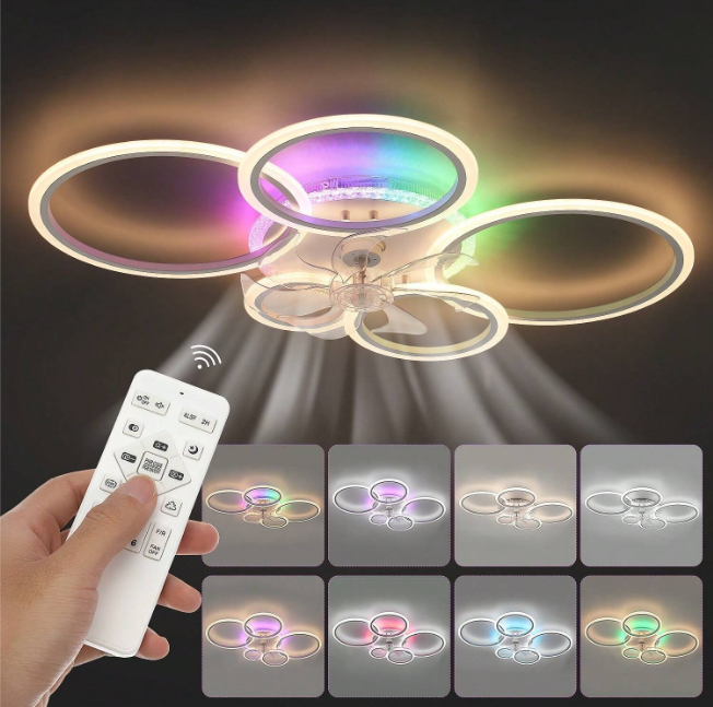 LuxiLamps - 5 Rings Ceiling Fan - RGB - 6 Speeds - Dimmable With Remote Control - 12 Colors - Modern Circle Fan Light