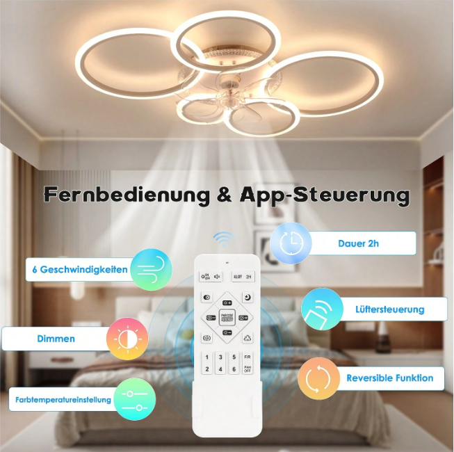 LuxiLamps - 5 Rings Ceiling Fan - RGB - 6 Speeds - Dimmable With Remote Control - 12 Colors - Modern Circle Fan Light