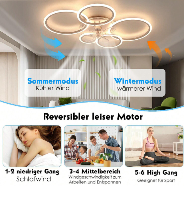 LuxiLamps - 5 Rings Ceiling Fan - RGB - 6 Speeds - Dimmable With Remote Control - 12 Colors - Modern Circle Fan Light