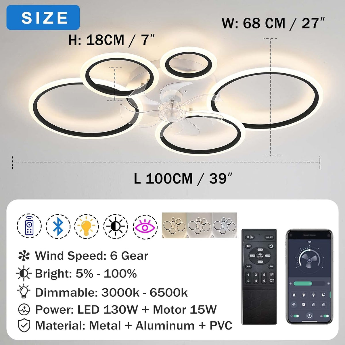 LuxiLamps - 5 Ringen Plafondventilator - Wit - 6 Snelheden - Dimbaar Met Afstandsbediening en APP - Moderne Cirkel Ventilator Licht
