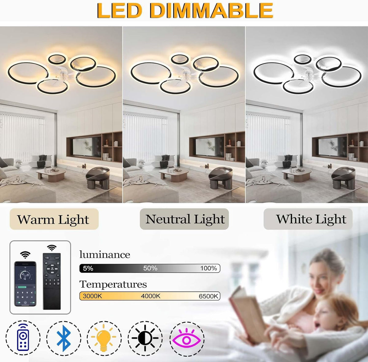 LuxiLamps - 5 Ringen Plafondventilator - Wit - 6 Snelheden - Dimbaar Met Afstandsbediening en APP - Moderne Cirkel Ventilator Licht