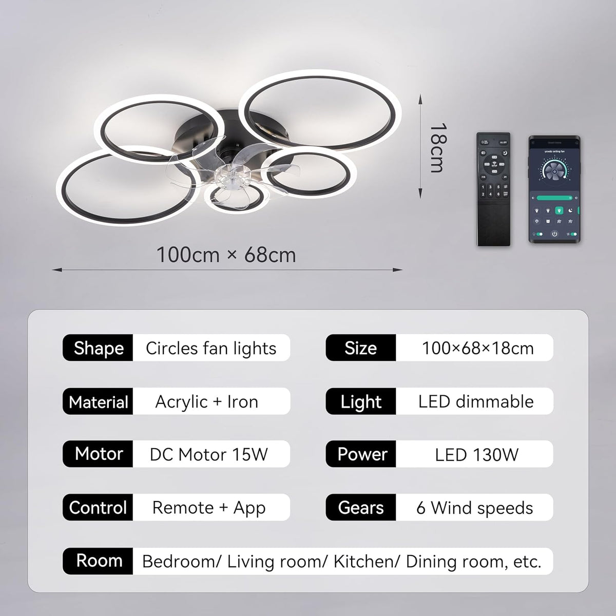 LuxiLamps - 5 Ringen Plafondventilator - Zwart - 6 Snelheden - Dimbaar Met Afstandsbediening en APP - Moderne Cirkel Ventilator Licht