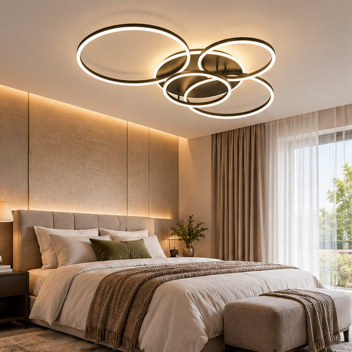 Zwarte vijf-ringen LED plafondlamp in sfeervolle slaapkamer