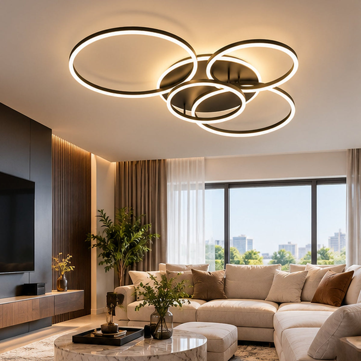 Zwarte vijf-ringen LED plafondlamp in moderne woonkamer