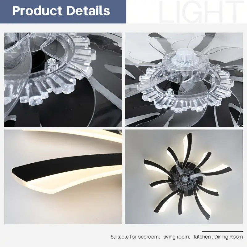 LuxiLamps - 5 Wing Fan Lamp - Dimmable With Remote Control - Black - Ceiling Fan With LED - Living Room Lamp - Modern Lamp - Ceiling Lamp