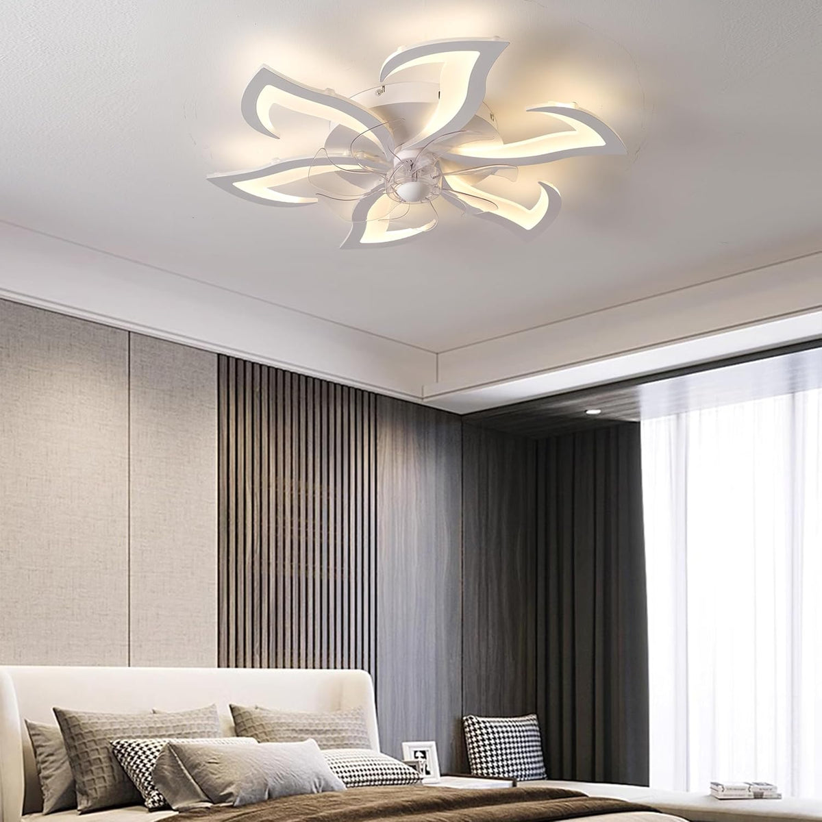 Moderne Ventilator Lamp - 6 Lotuslichtarmen - Plafondventilator Met Dimbare LED-Verlichting - Wit - 6 Snelheden - Afstandsbediening En App - Geheugenfunctie - Zomer-/Winterfunctie - Voor Keuken