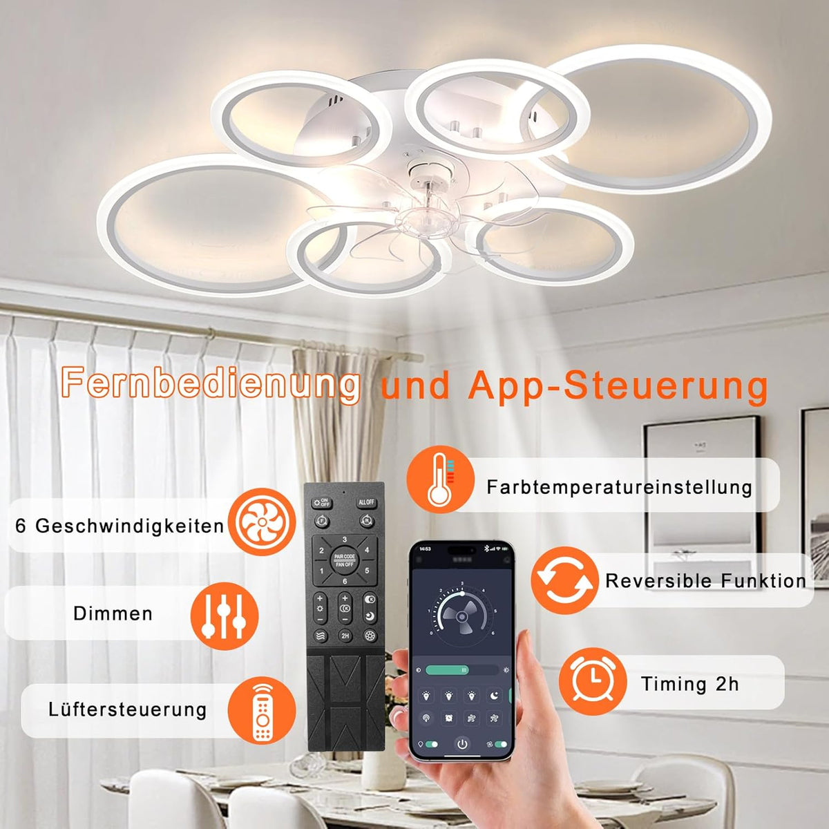 LuxiLamps - 6 Ringen LED Plafondventilator - Wit - 6 Snelheden - Smart lamp - Dimbaar Met Afstandsbediening & APP - Moderne Cirkel Ventilator Licht - Kroonluchter Ventilator