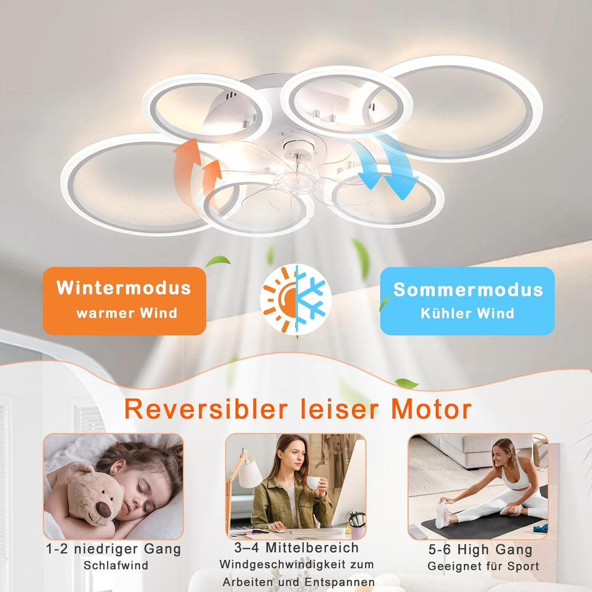 LuxiLamps - 6 Ringen LED Plafondventilator - Wit - 6 Snelheden - Smart lamp - Dimbaar Met Afstandsbediening & APP - Moderne Cirkel Ventilator Licht - Kroonluchter Ventilator