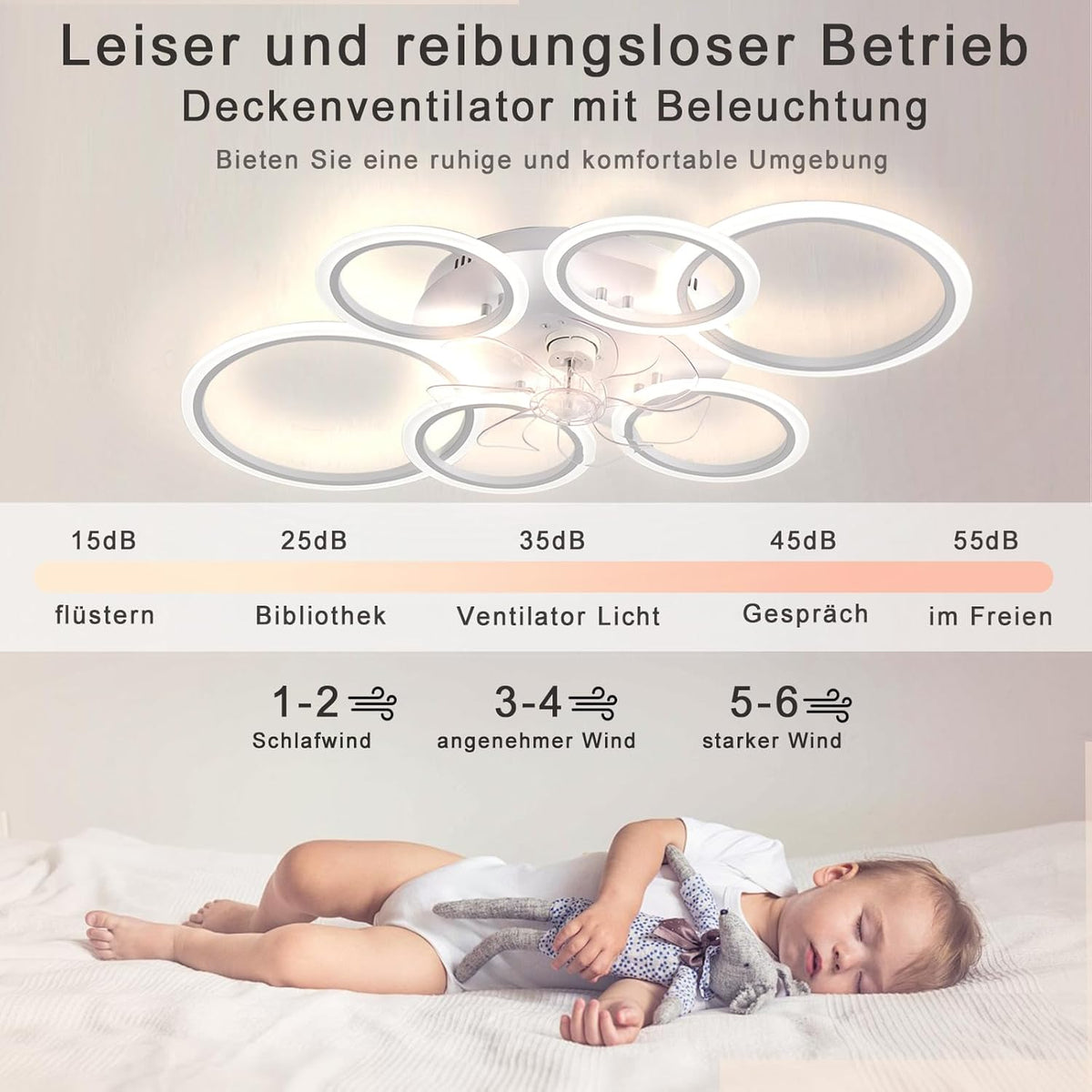LuxiLamps - 6 Ringen LED Plafondventilator - Wit - 6 Snelheden - Smart lamp - Dimbaar Met Afstandsbediening & APP - Moderne Cirkel Ventilator Licht - Kroonluchter Ventilator