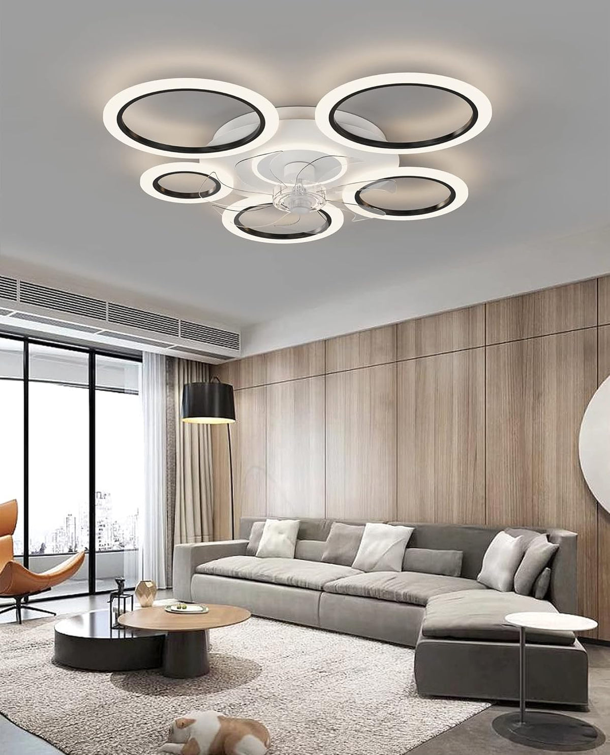 LuxiLamps - 6 Ringen Plafondventilator - Zwart - 6 Snelheden - Dimbaar Met Afstandsbediening en APP - Moderne Cirkel Ventilator Licht