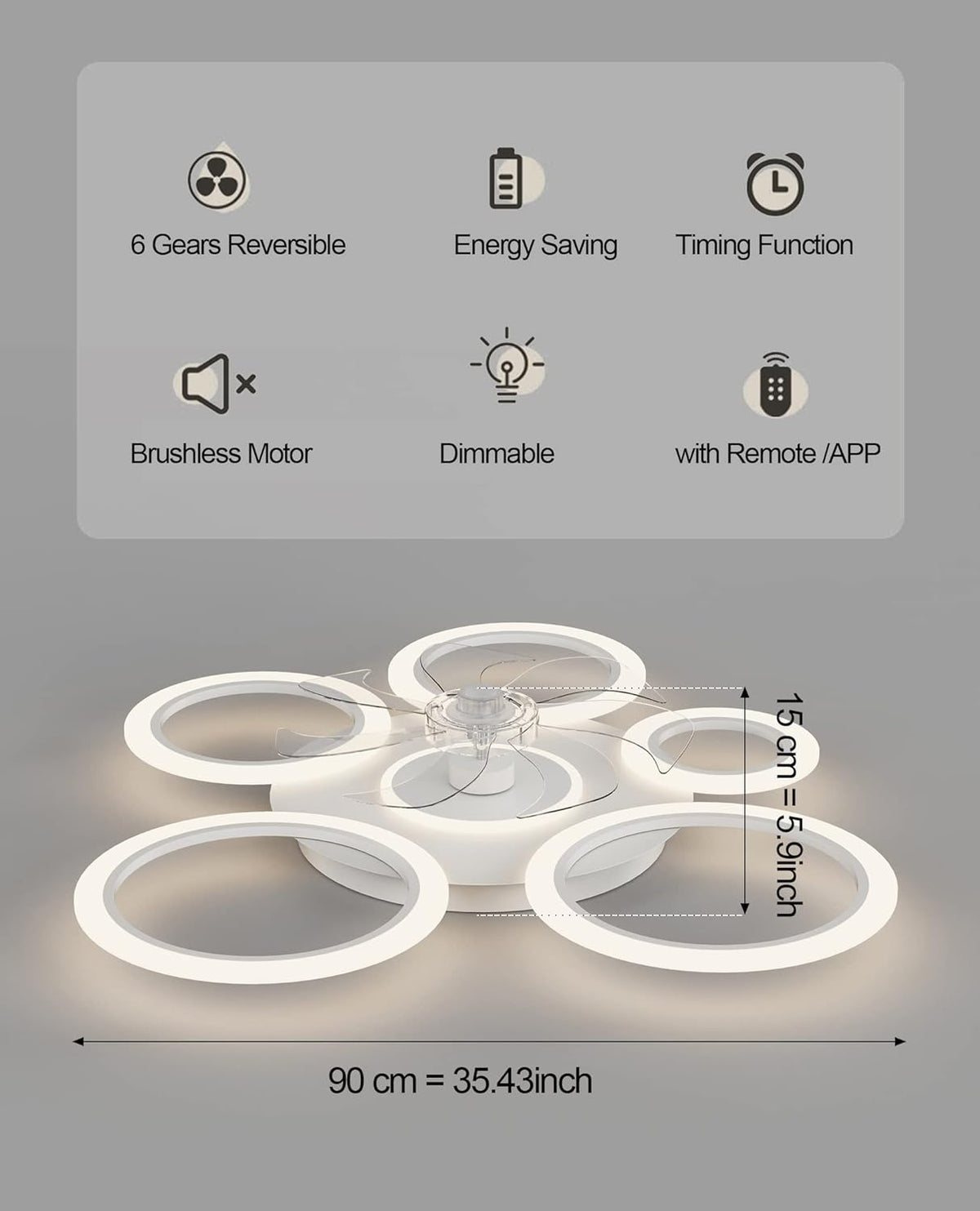 LuxiLamps - 6 Ringen Plafondventilator - Zwart - 6 Snelheden - Dimbaar Met Afstandsbediening en APP - Moderne Cirkel Ventilator Licht