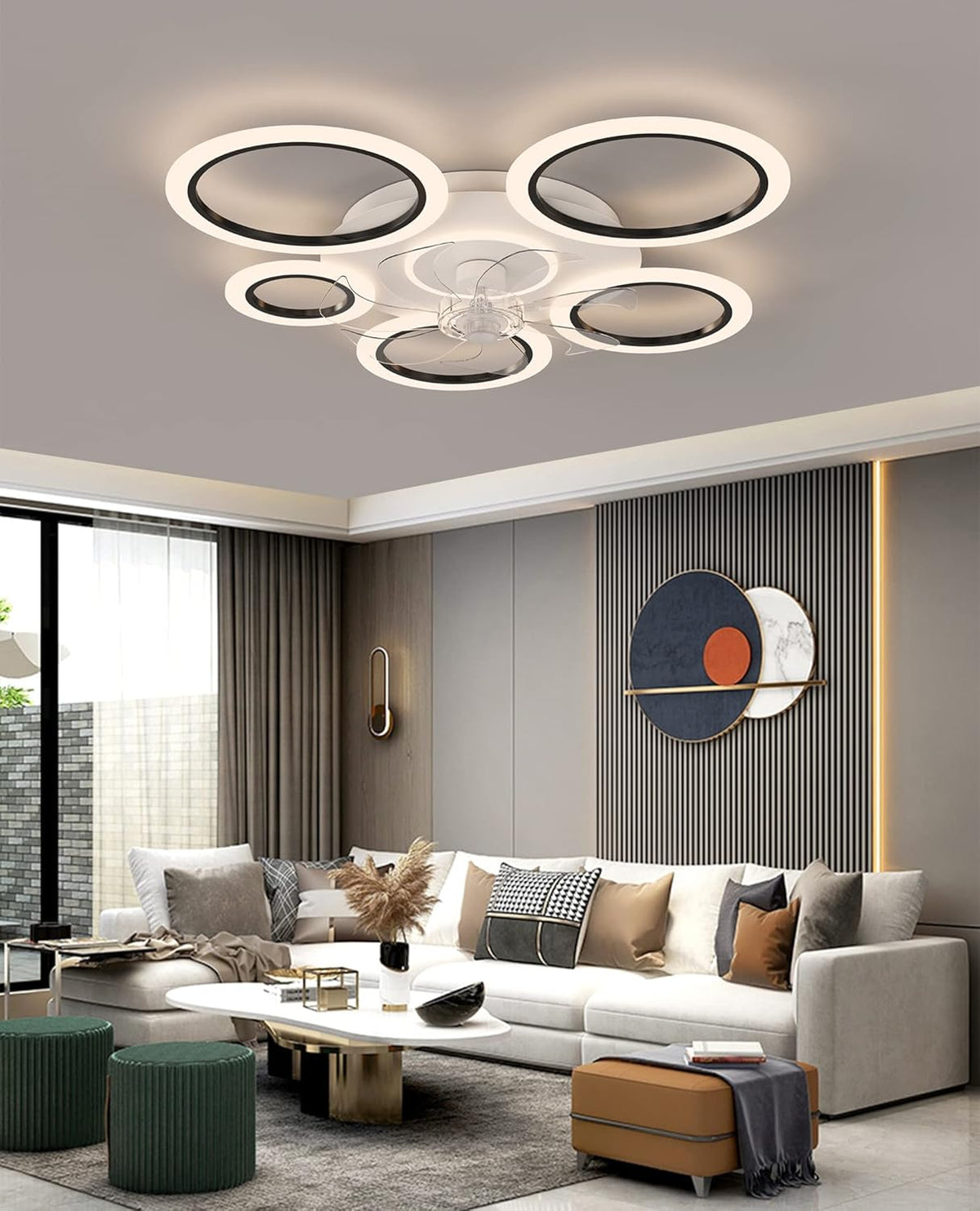 LuxiLamps - 6 Ringen Plafondventilator - Zwart - 6 Snelheden - Dimbaar Met Afstandsbediening en APP - Moderne Cirkel Ventilator Licht