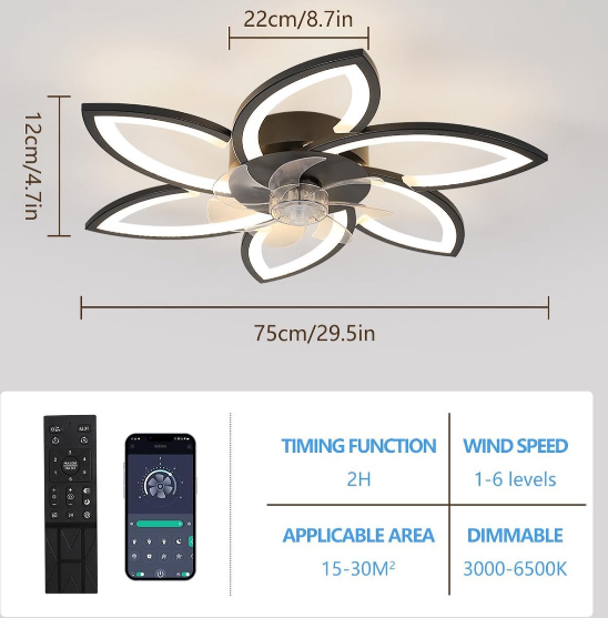 LuxiLamps - 6 Star Ceiling Lamp With Fan - Black - With Remote Control - Smart Lamp - Dimmable With App - 6 Modes Fan - Living Room Lamp - Modern Lamp - Ceiling Lamp