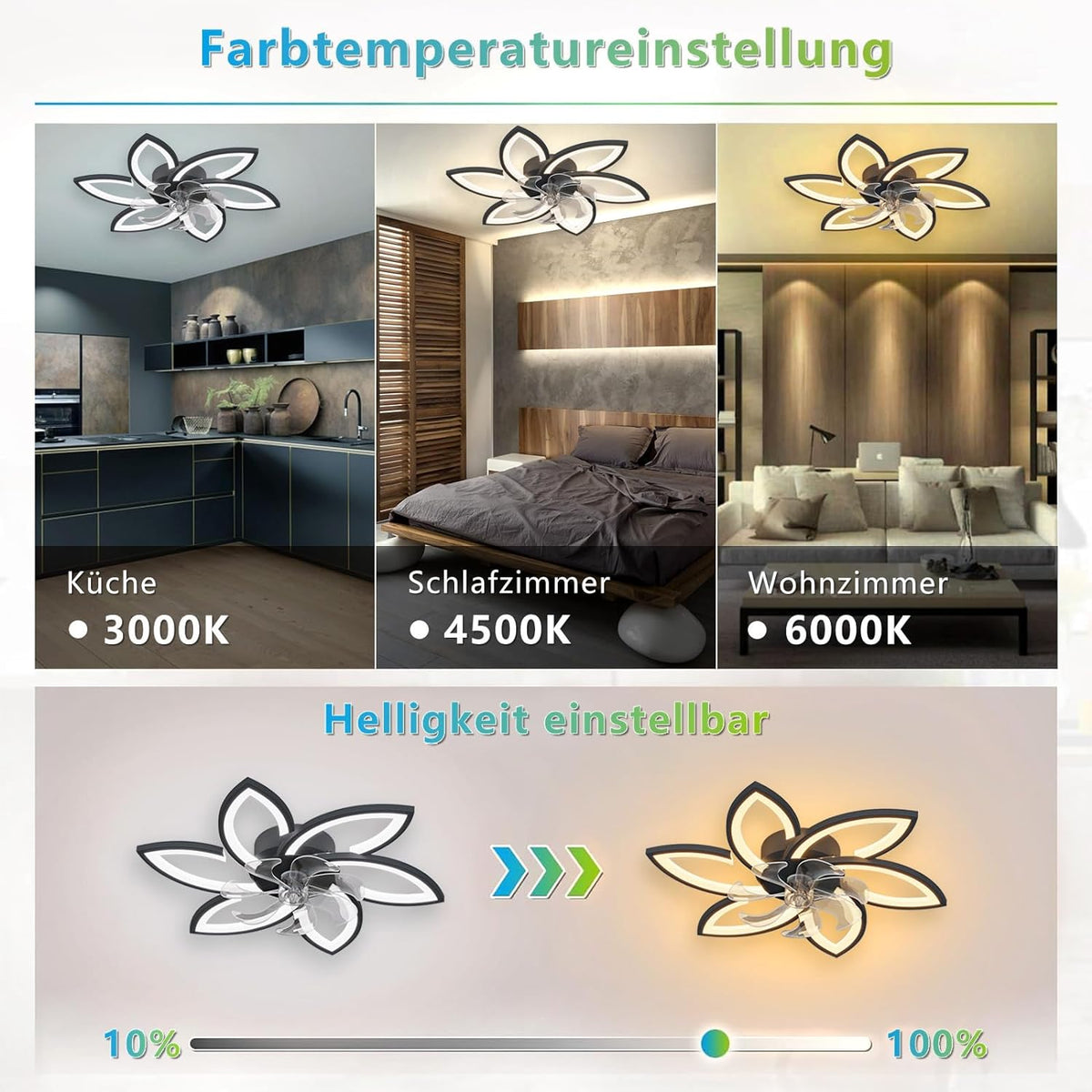 LuxiLamps - 6 Star Ceiling Lamp With Fan - Black - With Remote Control - Smart Lamp - Dimmable With App - 6 Modes Fan - Living Room Lamp - Modern Lamp - Ceiling Lamp