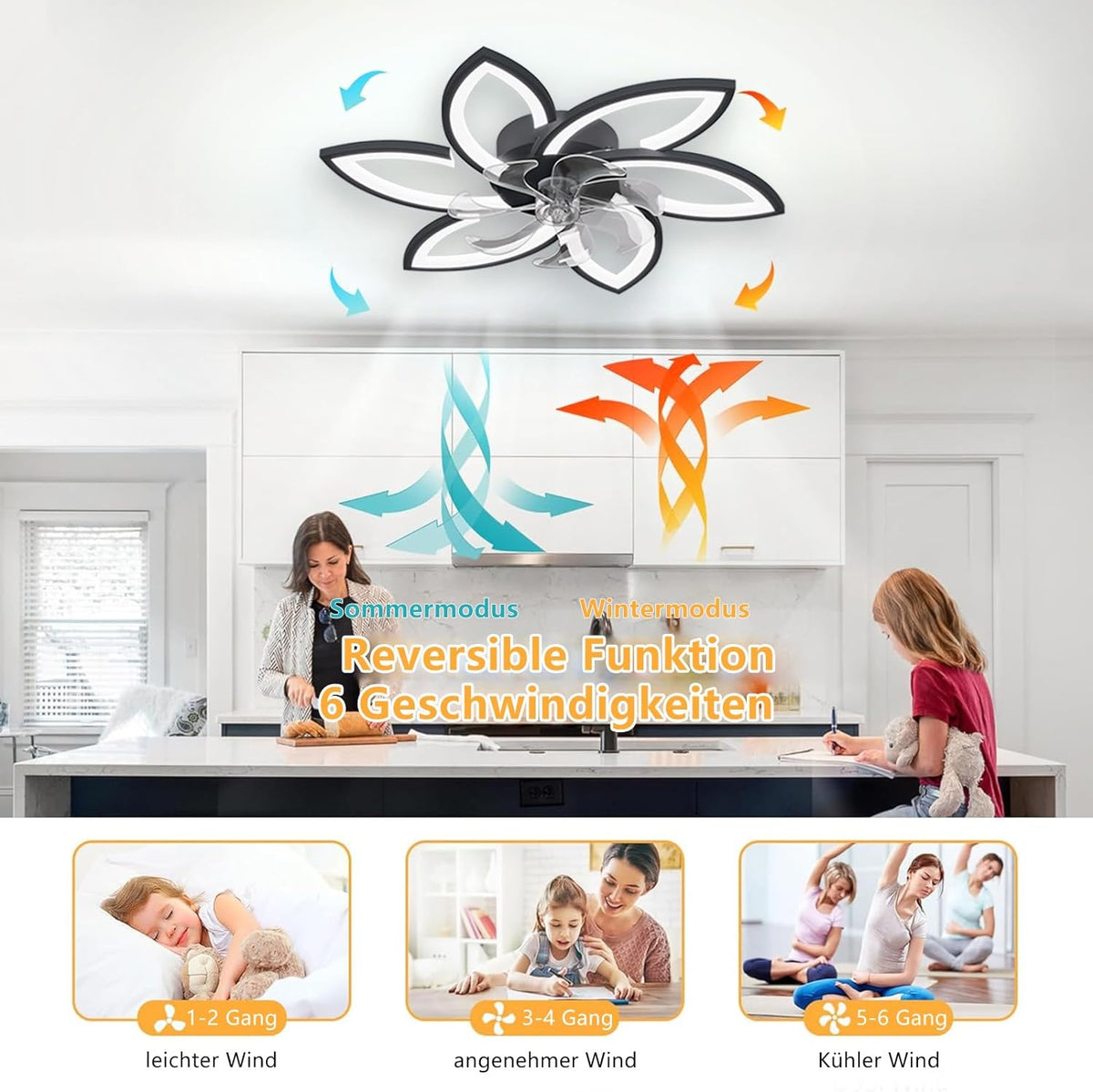 LuxiLamps - 6 Star Ceiling Lamp With Fan - Black - With Remote Control - Smart Lamp - Dimmable With App - 6 Modes Fan - Living Room Lamp - Modern Lamp - Ceiling Lamp