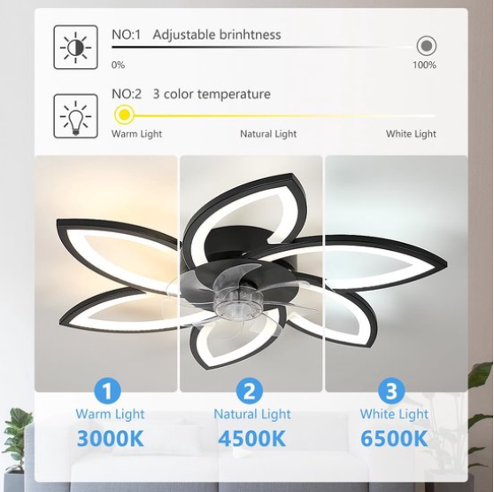 LuxiLamps - 6 Star Ceiling Lamp With Fan - Black - With Remote Control - Smart Lamp - Dimmable With App - 6 Modes Fan - Living Room Lamp - Modern Lamp - Ceiling Lamp