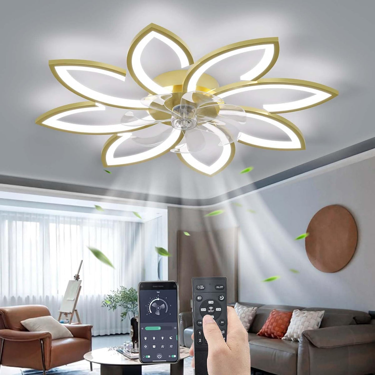 LuxiLamps - 8-Star Ceiling Fan Light - Gold - With Remote Control - Smart Lamp - App Dimmable - 6-Speed Fan - Living Room Light - Modern Lamp - Ceiling Light