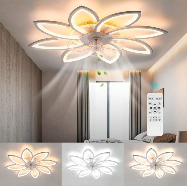 LuxiLamps - 8 Star Ceiling Lamp With Fan - RGB - With Remote Control - 12 Colors - Dimmable - 6 Fan Settings - Living Room Lamp - Modern Lamp - Ceiling Lamp