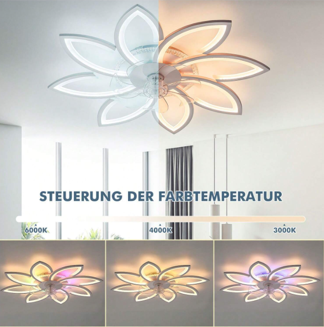 LuxiLamps - 8 Star Ceiling Lamp With Fan - RGB - With Remote Control - 12 Colors - Dimmable - 6 Fan Settings - Living Room Lamp - Modern Lamp - Ceiling Lamp