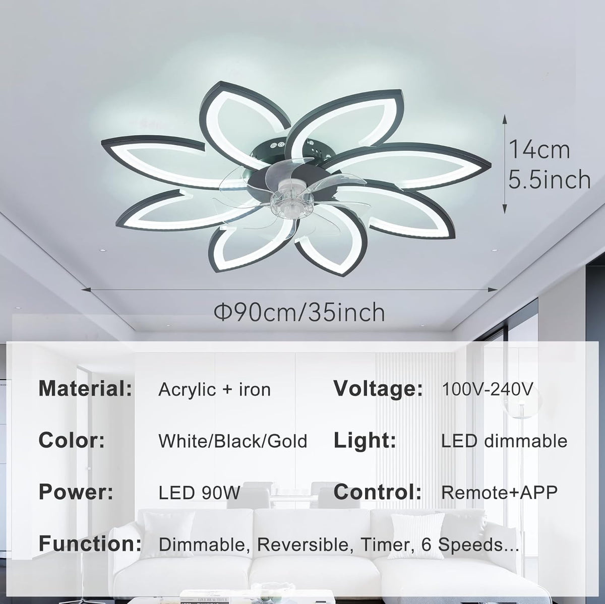 LuxiLamps - 8-Star Ceiling Fan Light - Black - With Remote Control - Smart Lamp - App Dimmable - 6 Fan Speeds - Living Room Lamp - Modern Lamp - Ceiling Light