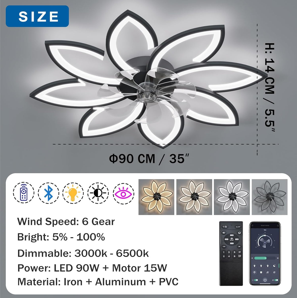 LuxiLamps - 8-Star Ceiling Fan Light - Black - With Remote Control - Smart Lamp - App Dimmable - 6 Fan Speeds - Living Room Lamp - Modern Lamp - Ceiling Light