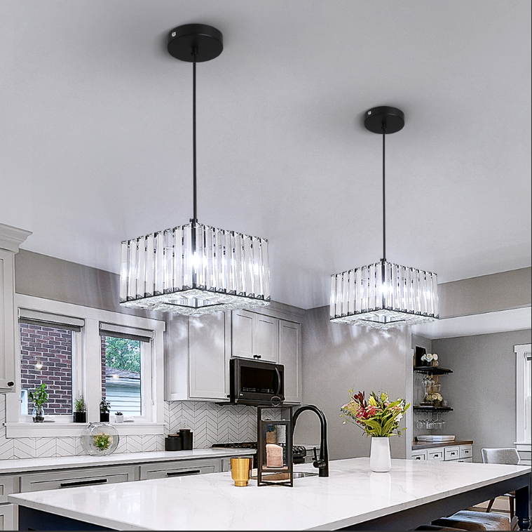 LuxiLamps - Crystal Pendant Light - Modern Pendant Light - Black - Chandelier - E27 - Dining Room Pendant Light