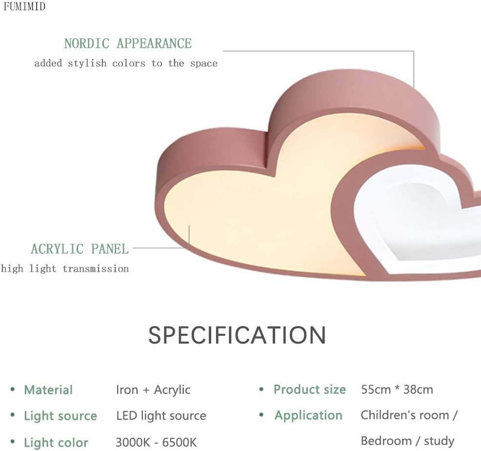 LuxiLamps - Hartvormige Plafondlamp - Roze - Dimbaar Met Afstandsbediening - Kinderkamer - 55 cm - Moderne Lamp - Slaapkamer Lamp - Plafonniere