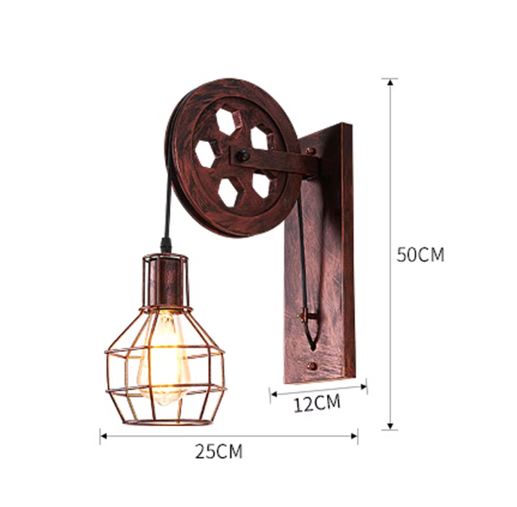 LuxiLamps - Classic Retro Wheel-Shaped Wall Lamp - E27 - Wall Lighting - Warm White - Brown - 40W - Industrial Metal Wall Lamp