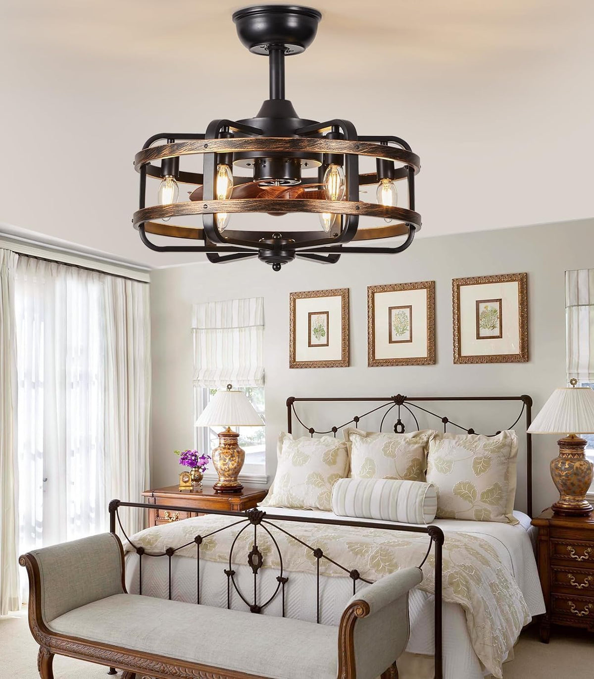 LuxiLamps - Cage Fan - Modern Ceiling Fan - Black/Brown - 3 Speeds - 50 cm - Dimmable With Remote Control - Chandelier Fan - Living Room Lamp