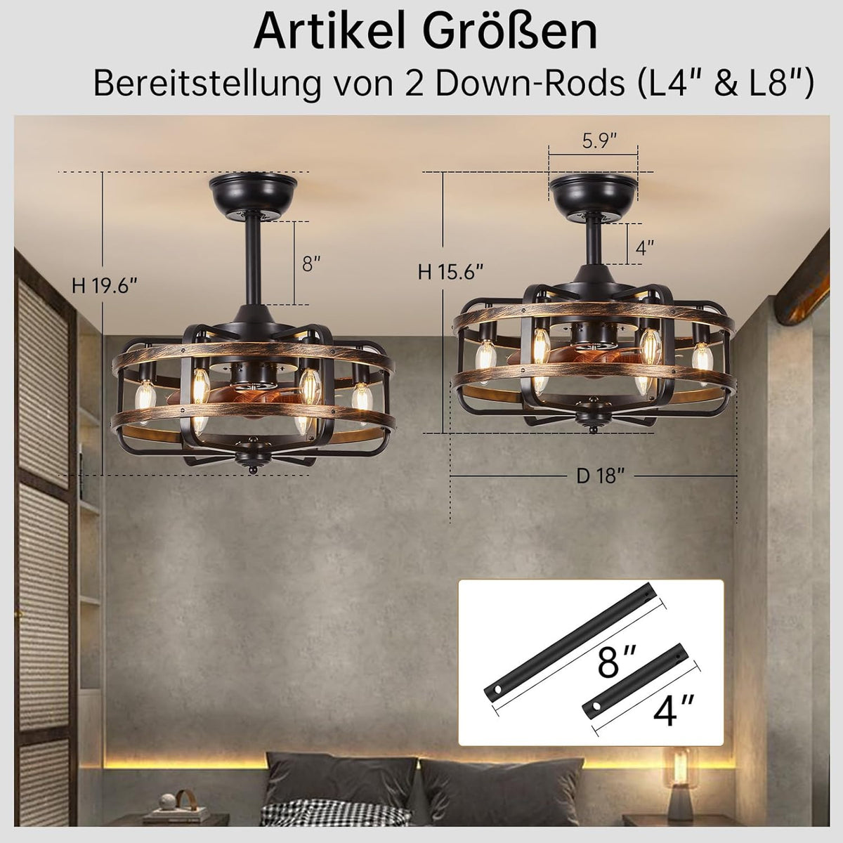 LuxiLamps - Cage Fan - Modern Ceiling Fan - Black/Brown - 3 Speeds - 50 cm - Dimmable With Remote Control - Chandelier Fan - Living Room Lamp