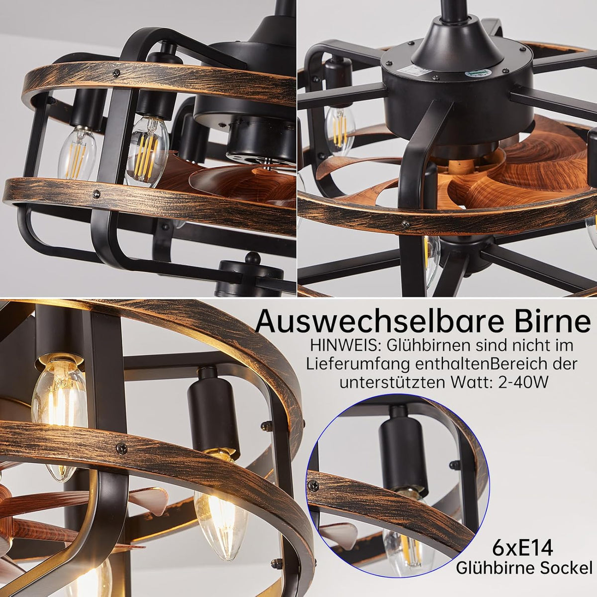 LuxiLamps - Cage Fan - Modern Ceiling Fan - Black/Brown - 3 Speeds - 50 cm - Dimmable With Remote Control - Chandelier Fan - Living Room Lamp
