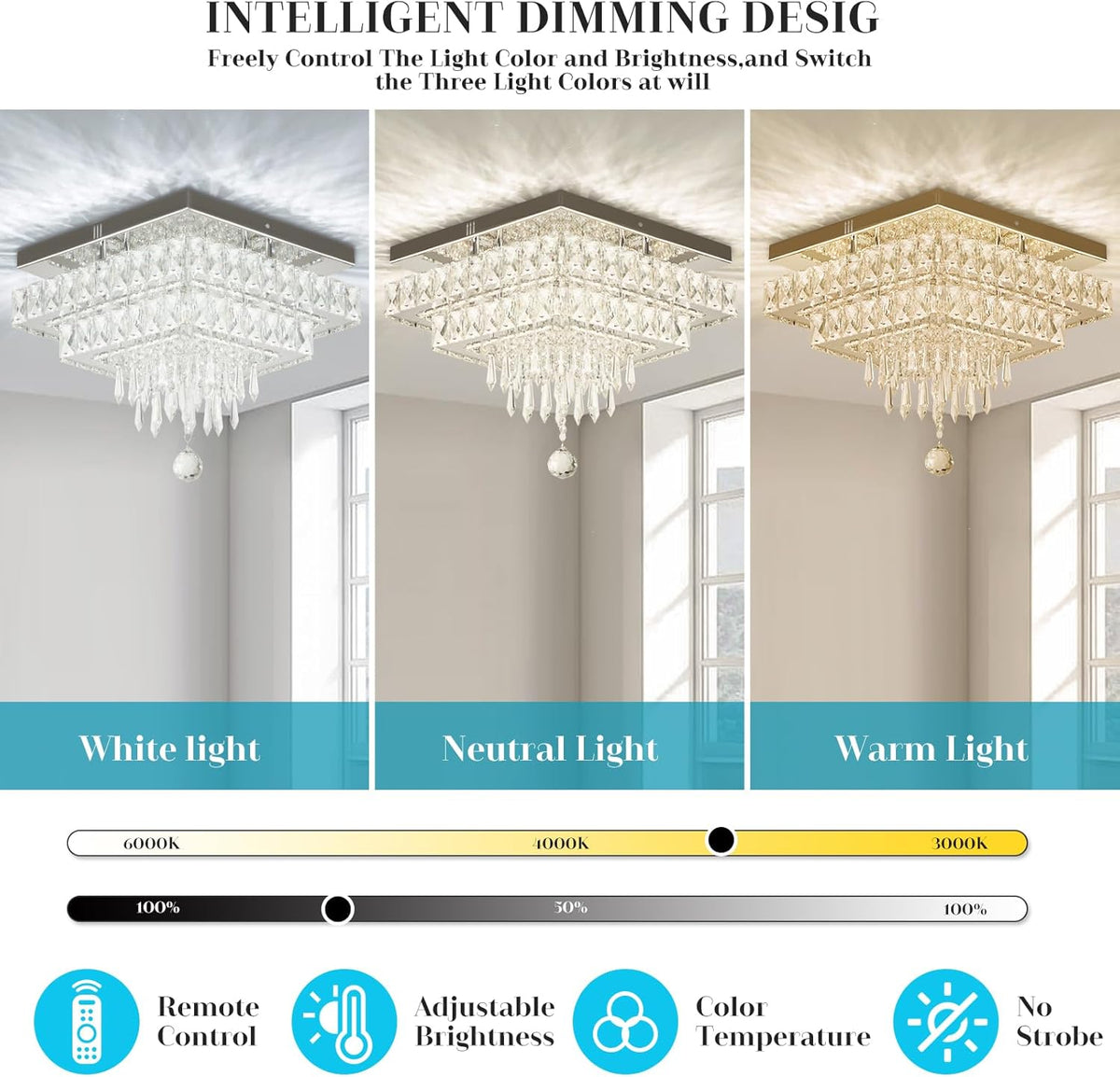 LuxiLamps - Crystal Chandelier - LED Ceiling Light - Chrome Chandelier - 2 Tiers - Dimmable With Remote Control & APP - Lighting - Kitchen - Bedroom - Living Room - Ceiling Lighting