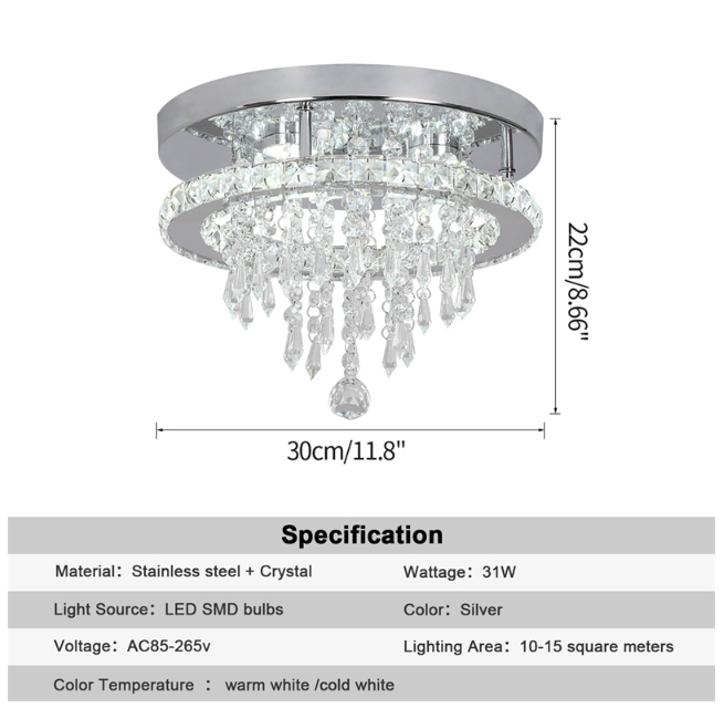 LuxiLamps - Kristallen - Plafondlamp - LED - Kristallen - Chroom Kroonluchter - Warm Wit - Hanger - Verlichting - Hal - Keuken - Slaapkamer - Woonkamer