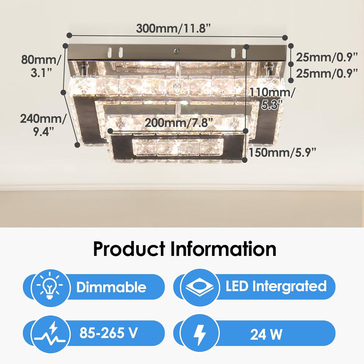 LuxiLamps - Crystal Ceiling Lamp - LED - Crystal - K9 Chrome Chandelier - With Remote Control - Dimmable - Lighting - Kitchen - Bedroom - Living Room - Flush Mount