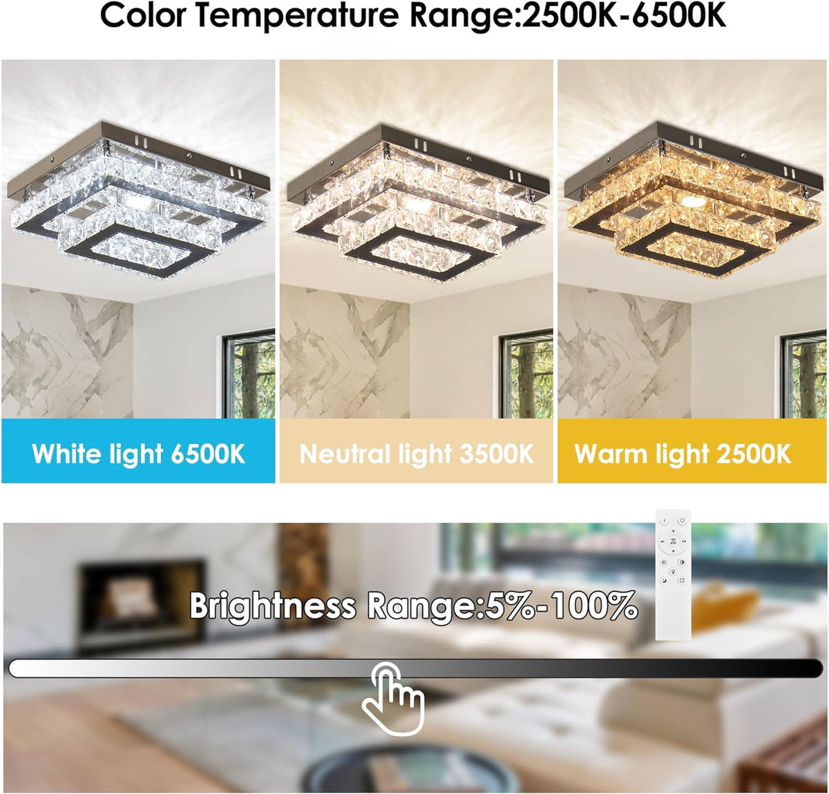 LuxiLamps - Crystal Ceiling Lamp - LED - Crystal - K9 Chrome Chandelier - With Remote Control - Dimmable - Lighting - Kitchen - Bedroom - Living Room - Flush Mount
