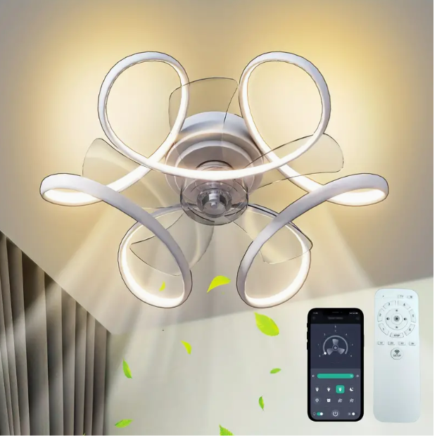 LuxiLamps - Curly Fan Ceiling Lamp - Ceiling Fan 50 cm - White - Smart Lamp - With Dimmer - 6 Speed Fan - Kitchen Lamp - Living Room Lamp - Modern Lamp - Bedroom Lamp