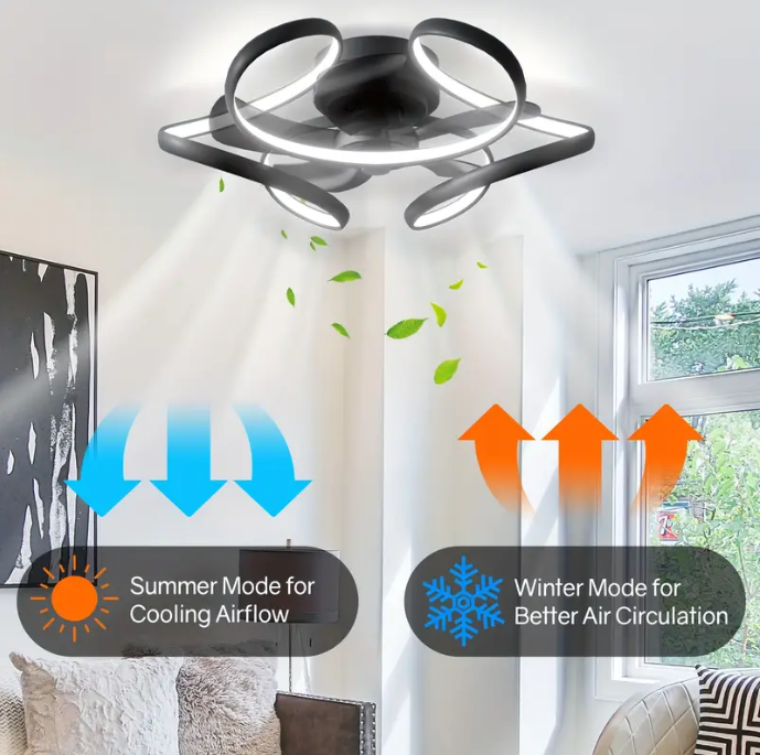 LuxiLamps - Krullen Ventilator Plafondlamp - Plafondventilator 50 cm - Zwart - Smart Lamp - Met Dimmer - 6 Standen Ventilator - Keuken Lamp - Woonkamer Lamp - Moderne Lamp - Slaapkamer Lamp Ventilator