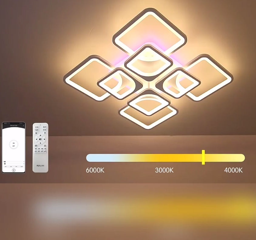 LuxiLamps - LED Bluetooth 4x4 RGB - Ceiling Lamp With Remote Control - Smart Lamp White - Dimmable With App - Living Room Lamp - Modern Lamp - Ceiling Light