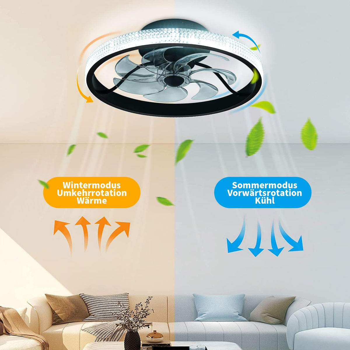 LuxiLamps - LED Ventilator Plafondlamp - Plafondventilator - Zwart - Met Dimmer - 50 cm - 6 Standen Ventilator - Keuken Lamp - Woonkamerlamp - Moderne Lamp