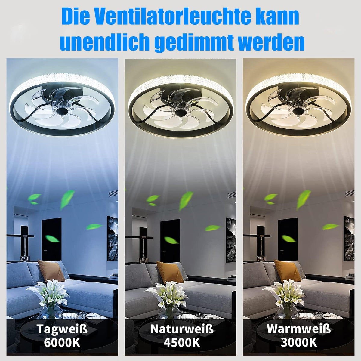 LuxiLamps - LED Ventilator Plafondlamp - Plafondventilator - Zwart - Met Dimmer - 50 cm - 6 Standen Ventilator - Keuken Lamp - Woonkamerlamp - Moderne Lamp