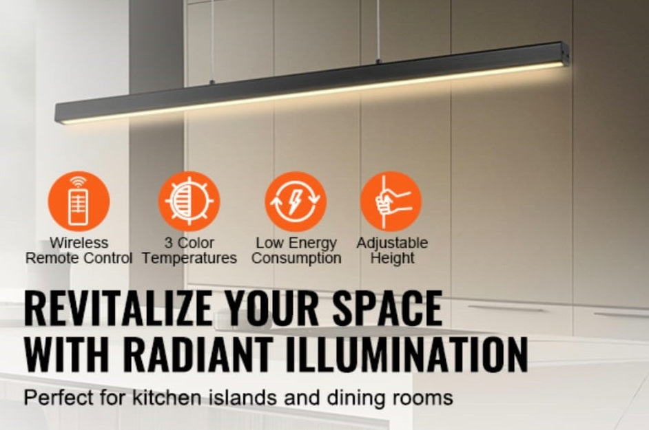 LuxiLamps - Linear Pendant Light - 120 cm - Black - Dimmable with Remote Control - Above Dining Table - LED Chandelier - 20W